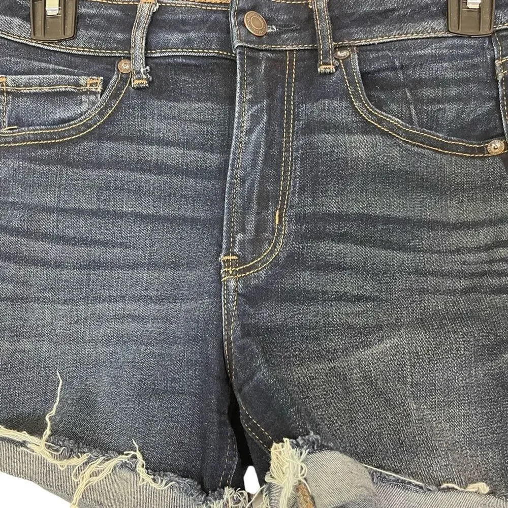 AMERICAN EAGLE SUPER HI RISE SHORTIE Raw Hem Cut Offs Dark Distressed Shorts 4